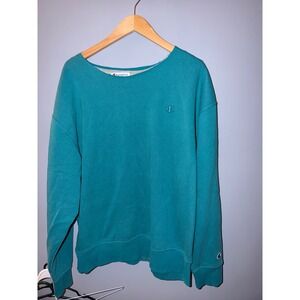 Champion Teal Blue Green Raw Neck Crewneck Sweatshirt Mens XL Embroidered Logo